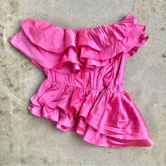 RozieCorsets Rozie Corsets Pink Ruffled Off-Shoulder Top Silk Strapless Bustier - Picture 3 of 7